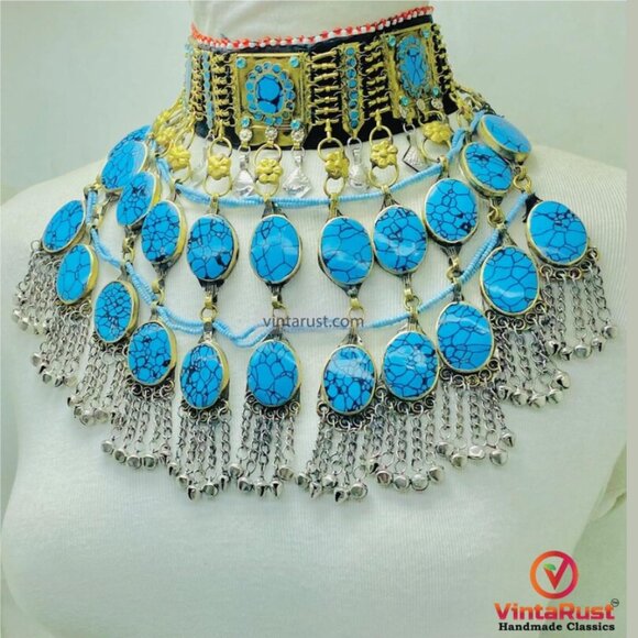 Turquoise Stone Afghan Choker: Tribal Kuchi Jewelry Statement Necklace - Picture 2 of 7
